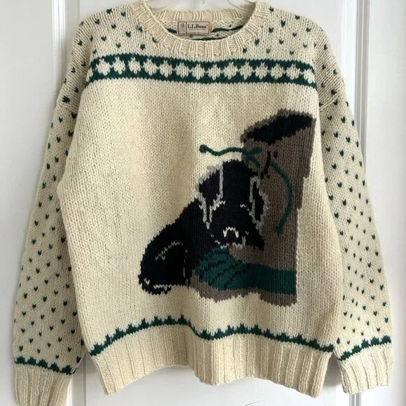 Vtg LL Bean Ragg Wool Dog Boot Sweater Intarsia Puppy Labrador L Cottage Preppy - Picture 1 of 11